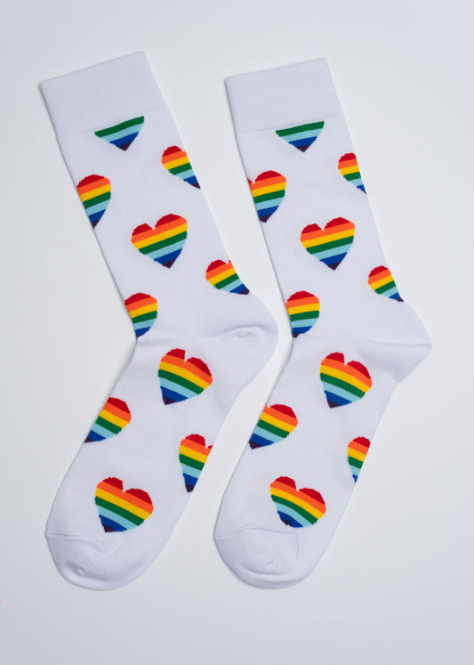 White Rainbow Striped & Heart Socks