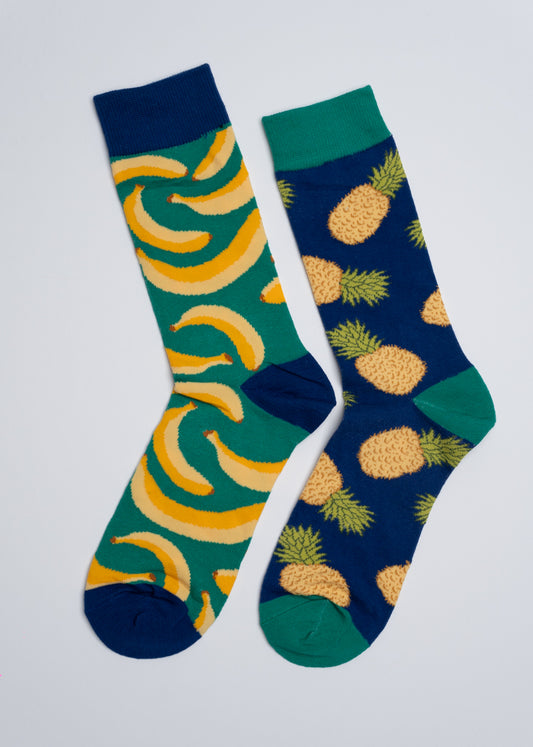 Funny pineapple and banana mismatched socks